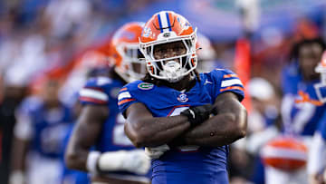 Sep 14, 2024; Gainesville, Florida, USA; Florida Gators defensive end Ja'Markis Weston (9) reacts after a tackle against the Texas A&M Aggies during the second half at Ben Hill Griffin Stadium. Mandatory Credit: Matt Pendleton-Imagn Images