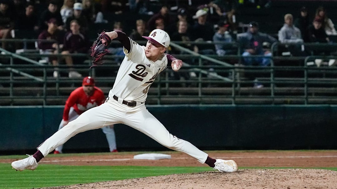 Arizona State reliever Sean Fitzpatrick delivers a pitch during the Sun Devils' home opener against Ohio State on Friday, Feb. 14, 2025.