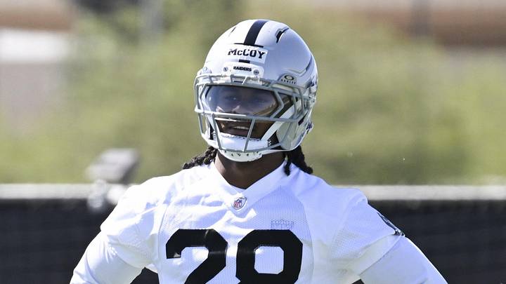 Las Vegas Raiders cornerback Jermod McCoy practices during organized team activities.