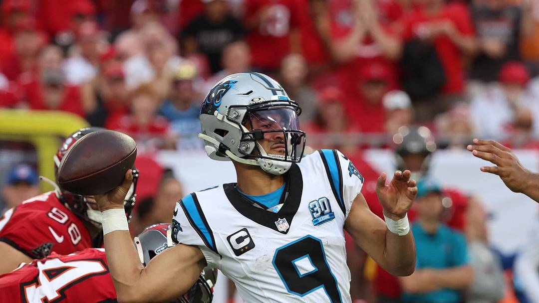 Dec 29, 2024; Tampa, Florida, USA; Carolina Panthers quarterback Bryce Young (9) throws the ball against the Tampa Bay Buccaneers during the second half at Raymond James Stadium. Mandatory Credit: Kim Klement Neitzel-Imagn Images
