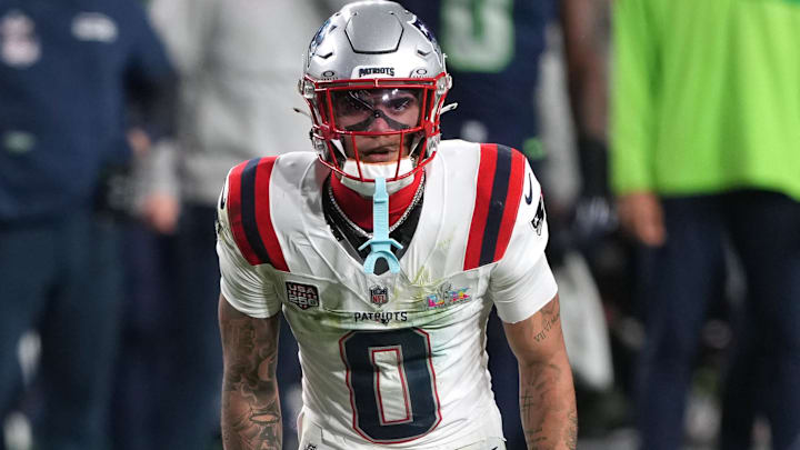 Feb 8, 2026; Santa Clara, CA, USA; New England Patriots cornerback Christian Gonzalez (0) during the third quarter against the Seattle Seahawks in Super Bowl LX at Levi's Stadium.