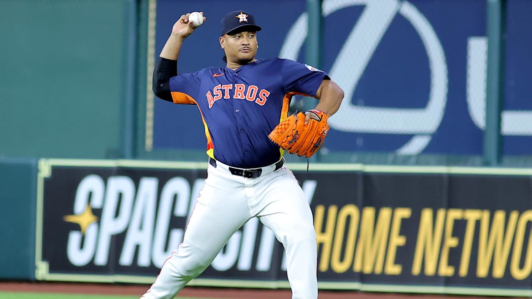 May 28, 2025; Houston, Texas, USA; Houston Astros pitcher Luis Garcia (77) works out prior to the game against the Athletics at Daikin Park.