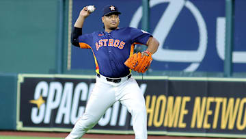 May 28, 2025; Houston, Texas, USA; Houston Astros pitcher Luis Garcia (77) works out prior to the game against the Athletics at Daikin Park.