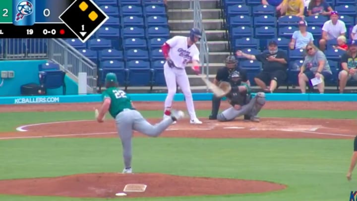 White Sox prospect George Wolkow hit a ball with one hand. White Sox prospect George Wolkow hit a ball with one hand.