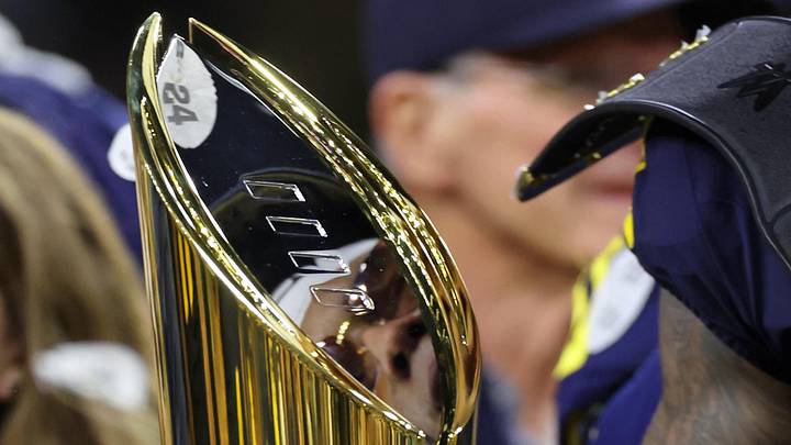 Jan 8, 2024; Houston, TX, USA; A detail view of the National Championship Trophy after the Michigan Wolverines won 2024 College Football Playoff national championship game against the Washington Huskies at NRG Stadium. Mandatory Credit: Thomas Shea-USA TODAY Sports
