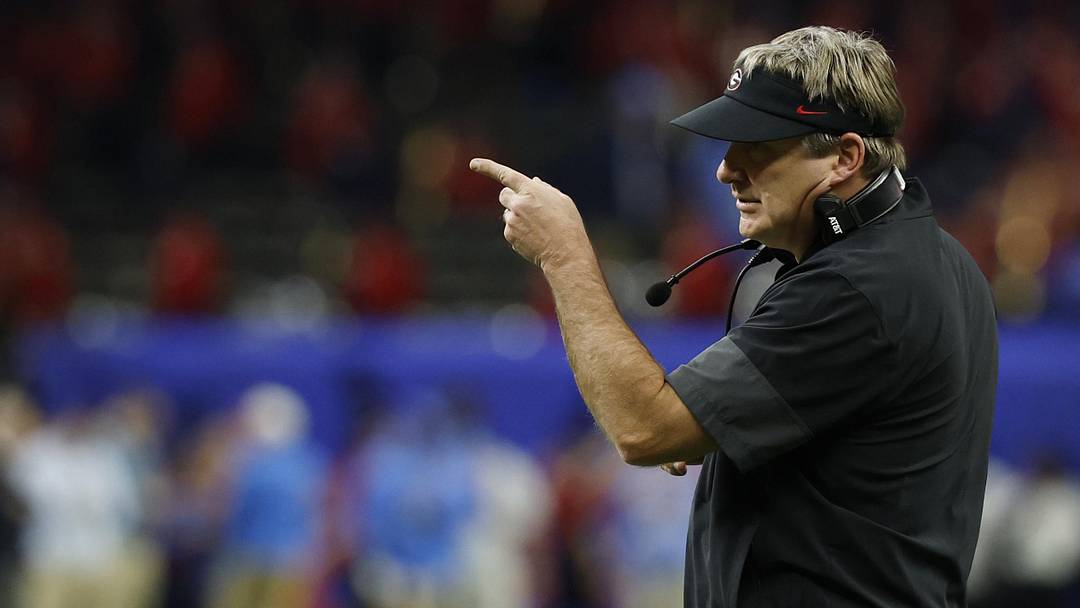 Jan 1, 2026; New Orleans, LA, USA; Georgia Bulldogs head coach Kirby Smart gestures from the sidelines against the Mississippi Rebels during the first half during the 2026 Sugar Bowl and quarterfinal game of the College Football Playoff at Caesars Superdome. Mandatory Credit: Geoff Burke-Imagn Images