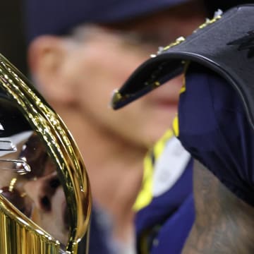 Jan 8, 2024; Houston, TX, USA; A detail view of the National Championship Trophy after the Michigan Wolverines won 2024 College Football Playoff national championship game against the Washington Huskies at NRG Stadium.