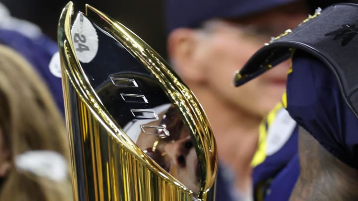 Jan 8, 2024; Houston, TX, USA; A detail view of the National Championship Trophy after the Michigan Wolverines won 2024 College Football Playoff national championship game against the Washington Huskies at NRG Stadium.