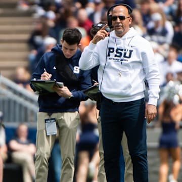 Penn State coach James Franklin calls the action during the Blue-White Game at Beaver Stadium.