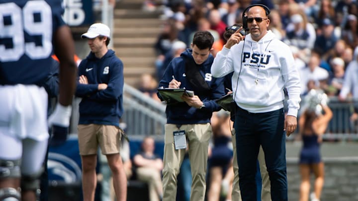 Penn State coach James Franklin calls the action during the Blue-White Game at Beaver Stadium. Penn State coach James Franklin calls the action during the Blue-White Game at Beaver Stadium.