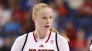 Mar 7, 2025; Greensboro, NC, USA;  NC State Wolfpack forward Tilda Trygger (18) stands on the court against Georgia Tech Yellow Jackets during the third quarter at First Horizon Coliseum. Mandatory Credit: Cory Knowlton-Imagn Images
