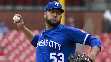Jun 5, 2025; St. Louis, Missouri, USA;  Kansas City Royals relief pitcher Carlos Estevez (53) pitches against the St. Louis Cardinals during the tenth inning at Busch Stadium. Mandatory Credit: Jeff Curry-Imagn Images