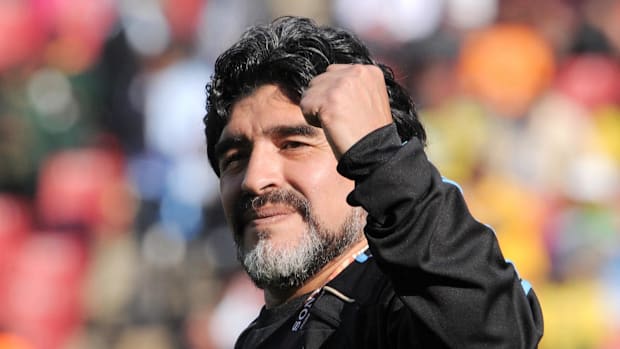 Argentina head coach Diego Maradona before group B play against Nigeria at Ellis Park Stadium.