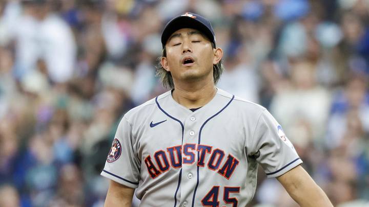 Apr 10, 2026; Seattle, Washington, USA; Houston Astros starting pitcher Tatsuya Imai (45) receives a new baseball after surrendering an infield single against the Seattle Mariners during the first inning at T-Mobile Park. Mandatory Credit: Joe Nicholson-Imagn Images
