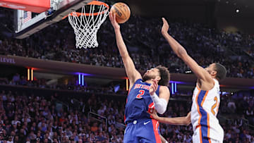Apr 29, 2025; New York, New York, USA; Detroit Pistons guard Cade Cunningham (2) drives past New York Knicks forward Mikal Bridges (25) in the fourth quarter during game five of first round for the 2025 NBA Playoffs at Madison Square Garden. Mandatory Credit: Wendell Cruz-Imagn Images