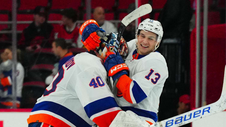 Nov 30, 2023; Raleigh, North Carolina, USA; New York Islanders center Mathew Barzal (13) and