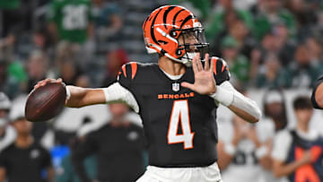 Aug 7, 2025; Philadelphia, Pennsylvania, USA; Cincinnati Bengals quarterback Desmond Ridder (4) throws a pass during the fourth quarter against the Philadelphia Eagles at Lincoln Financial Field. Mandatory Credit: Eric Hartline-Imagn Images
