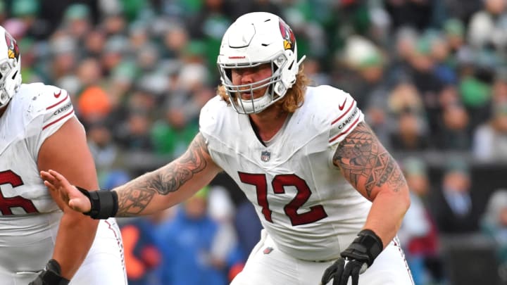 Dec 31, 2023; Philadelphia, Pennsylvania, USA; Arizona Cardinals guard Hjalte Froholdt (72) against the Philadelphia Eagles at Lincoln Financial Field. Mandatory Credit: Eric Hartline-USA TODAY Sports