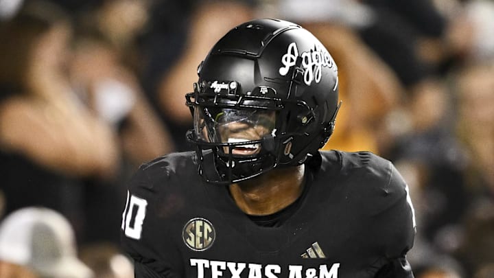 Oct 26, 2024; College Station, Texas, USA; Texas A&M Aggies quarterback Marcel Reed (10) reacts against the LSU Tigers during the third quarter. The Aggies defeated the Tigers 38-23; at Kyle Field. Mandatory Credit: Maria Lysaker-Imagn Images.