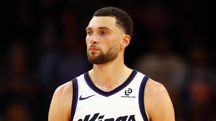 Oct 22, 2025; Phoenix, Arizona, USA; Sacramento Kings guard Zach LaVine (8) against the Phoenix Suns at the Mortgage Matchup Center. Mandatory Credit: Mark J. Rebilas-Imagn Images