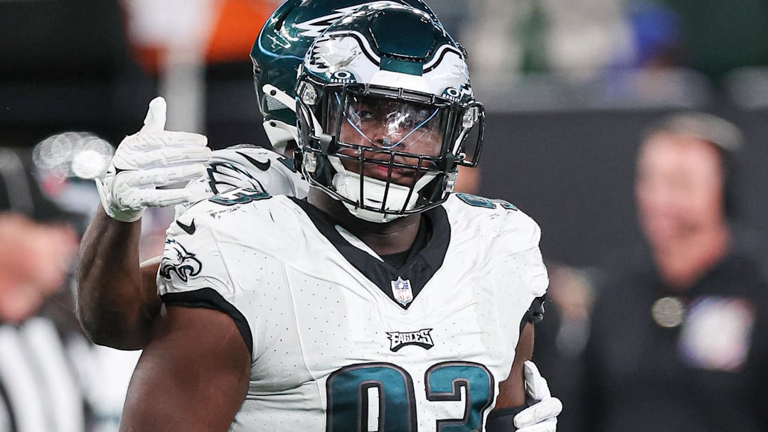 Oct 15, 2023; East Rutherford, New Jersey, USA; Philadelphia Eagles defensive tackle Milton Williams (93) reacts after a defensive stop during the second half against the New York Jets at MetLife Stadium. Mandatory Credit: Vincent Carchietta-Imagn Images