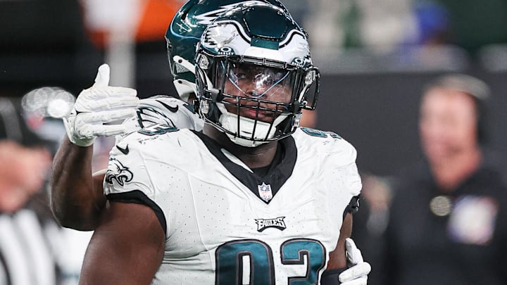 Oct 15, 2023; East Rutherford, New Jersey, USA; Philadelphia Eagles defensive tackle Milton Williams (93) reacts after a defensive stop during the second half against the New York Jets at MetLife Stadium. Mandatory Credit: Vincent Carchietta-Imagn Images Oct 15, 2023; East Rutherford, New Jersey, USA; Philadelphia Eagles defensive tackle Milton Williams (93) reacts after a defensive stop during the second half against the New York Jets at MetLife Stadium. Mandatory Credit: Vincent Carchietta-Imagn Images