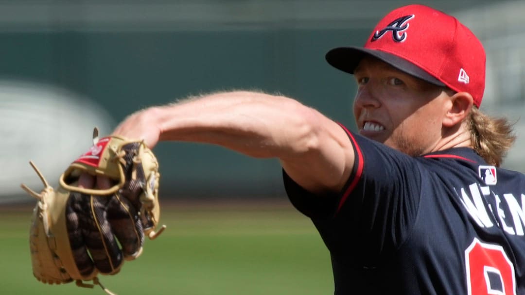 Former Atlanta Braves pitcher Jordan Weems throws during a pitching session at spring training Thursday, Feb. 27th at CoolToday Park in North Port.