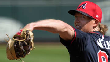 Former Atlanta Braves pitcher Jordan Weems throws during a pitching session at spring training Thursday, Feb. 27th at CoolToday Park in North Port.