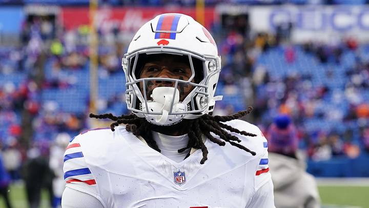 Nov 16, 2025; Orchard Park, New York, USA;  Buffalo Bills running back James Cook III (4) warms up prior to the game against the Tampa Bay Buccaneers at Highmark Stadium. Mandatory Credit: Gregory Fisher-Imagn Images
