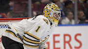 Feb 24, 2024; Vancouver, British Columbia, CAN;   Boston Bruins goaltender Jeremy Swayman (1) watches play during the first period against the Vancouver Canucks at Rogers Arena. Mandatory Credit: Anne-Marie Sorvin-USA TODAY Sports