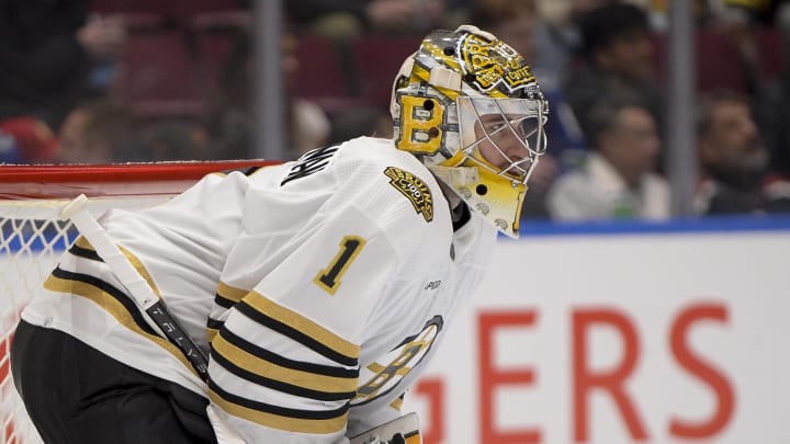 Feb 24, 2024; Vancouver, British Columbia, CAN;   Boston Bruins goaltender Jeremy Swayman (1) watches play during the first period against the Vancouver Canucks at Rogers Arena. Mandatory Credit: Anne-Marie Sorvin-USA TODAY Sports