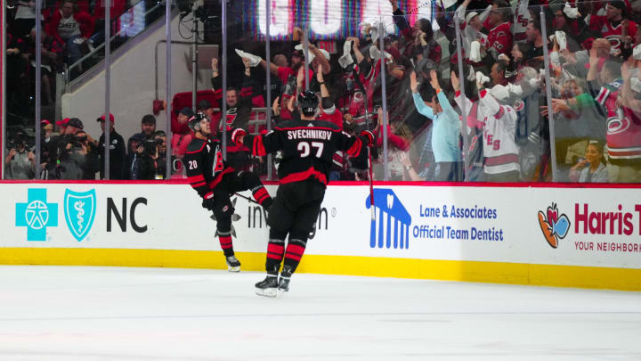 May 16, 2024; Raleigh, North Carolina, USA; Carolina Hurricanes center Sebastian Aho (20) celebrates his goal against the New York Rangers during the second period in game six of the second round of the 2024 Stanley Cup Playoffs at PNC Arena. Mandatory Credit: James Guillory-USA TODAY Sports