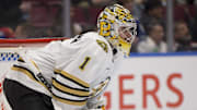 Feb 24, 2024; Vancouver, British Columbia, CAN;   Boston Bruins goaltender Jeremy Swayman (1) watches play during the first period against the Vancouver Canucks at Rogers Arena. Mandatory Credit: Anne-Marie Sorvin-Imagn Images