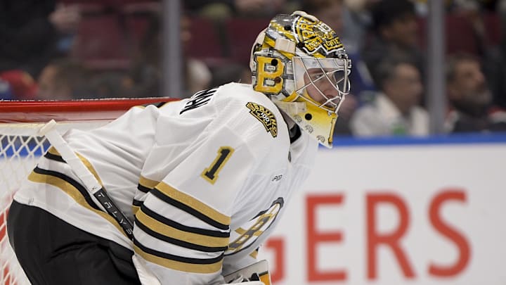 Feb 24, 2024; Vancouver, British Columbia, CAN;   Boston Bruins goaltender Jeremy Swayman (1) watches play during the first period against the Vancouver Canucks at Rogers Arena. Mandatory Credit: Anne-Marie Sorvin-Imagn Images