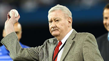Apr 9, 2012; Toronto, ON, Canada; Former pitcher Ron Taylor throws out the ceremonial first pitch before the Boston Red Sox game against the Toronto Blue Jays at the Rogers Centre. The Red Sox beat the Blue Jays 4-2. Mandatory Credit: Tom Szczerbowski-Imagn Images