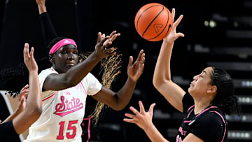 Mississippi State center Madina Okot (15) and Vanderbilt forward Khamil Pierre (12) battle for the ball during a NCAA college basketball game Thursday, Feb. 13, 2025, in Nashville, Tenn.