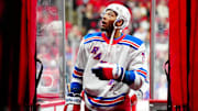 Apr 12, 2025; Raleigh, North Carolina, USA; New York Rangers defenseman K'Andre Miller (79) comes off the ice after warmups before the game against the Carolina Hurricanes at Lenovo Center. Mandatory Credit: James Guillory-Imagn Images