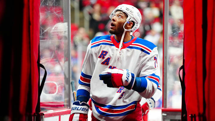 Apr 12, 2025; Raleigh, North Carolina, USA; New York Rangers defenseman K'Andre Miller (79) comes off the ice after warmups before the game against the Carolina Hurricanes at Lenovo Center. Mandatory Credit: James Guillory-Imagn Images