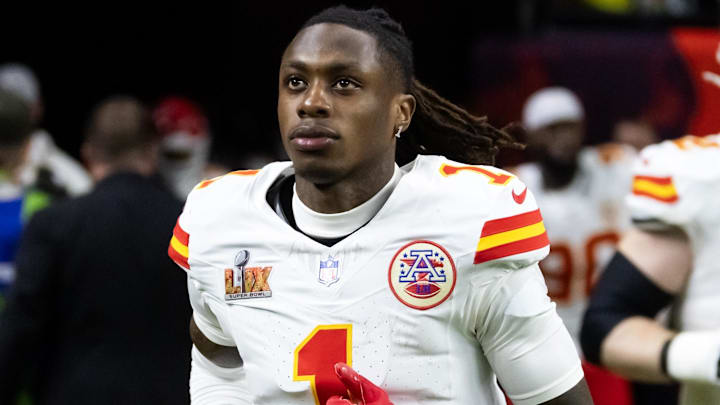 Chiefs wide receiver Xavier Worthy runs on the field in Super Bowl LIX at Ceasars Superdome.