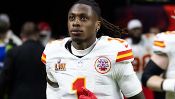 Kansas City Chiefs wide receiver Xavier Worthy (1) against the Philadelphia Eagles in Super Bowl LIX at Caesars Superdome.