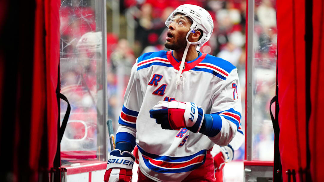 Apr 12, 2025; Raleigh, North Carolina, USA; New York Rangers defenseman K'Andre Miller (79) comes off the ice after warmups before the game against the Carolina Hurricanes at Lenovo Center. Mandatory Credit: James Guillory-Imagn Images