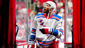 Apr 12, 2025; Raleigh, North Carolina, USA; New York Rangers defenseman K'Andre Miller (79) comes off the ice after warmups before the game against the Carolina Hurricanes at Lenovo Center. Mandatory Credit: James Guillory-Imagn Images