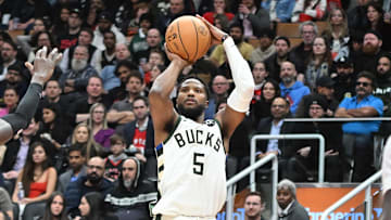 Nov 15, 2023; Toronto, Ontario, CAN;  Milwaukee Bucks guard Malik Beasley (5) shoots the ball