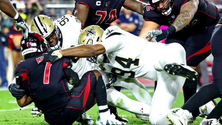 New Orleans Saints defensive ends Carl Granderson (96) and Cameron Jordan (94) sack Arizona Cardinals quarterback Kyler Murray (1) 