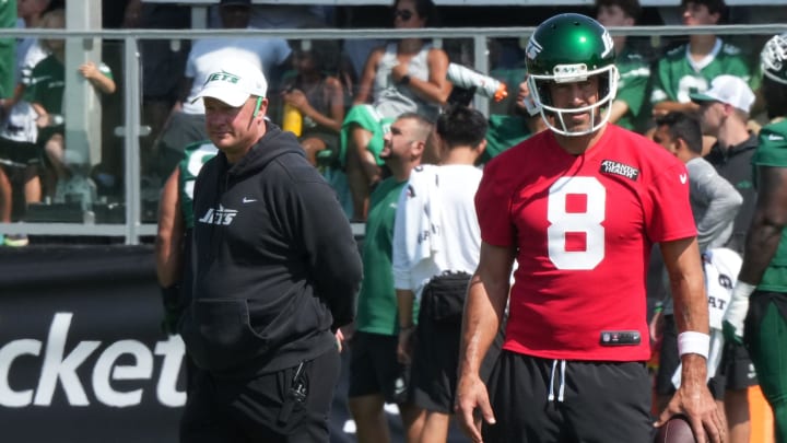 Florham Park, NJ -- July 27, 2024 -- Offensive coordinator Nathaniel Hackett and quarterback Aaron Rodgers during the New York Jets training camp this morning.