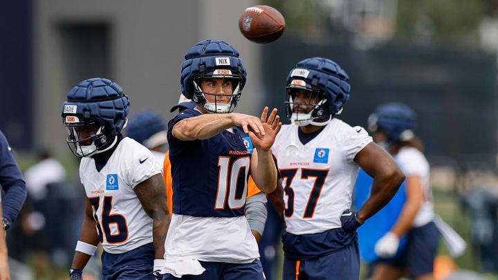 Jul 26, 2024; Englewood, CO, USA; Denver Broncos quarterback Bo Nix (10) during training camp at Broncos Park Powered by CommonSpirit. 