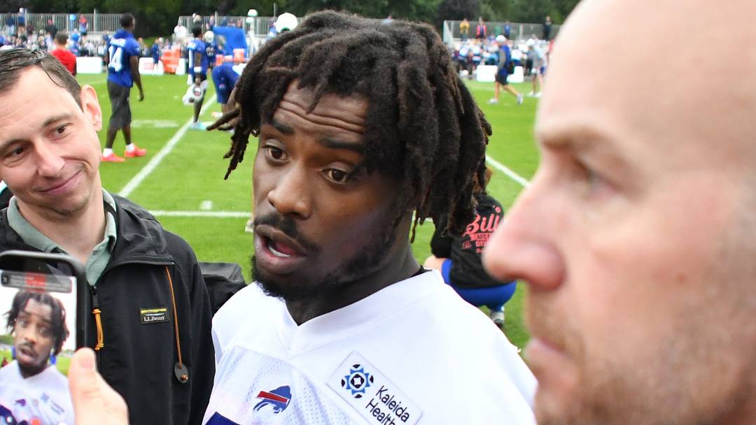Buffalo Bills safety C.J Gardner-Johnson (22) speaks with the media after a training camp session. Buffalo Bills safety C.J Gardner-Johnson (22) speaks with the media after a training camp session.