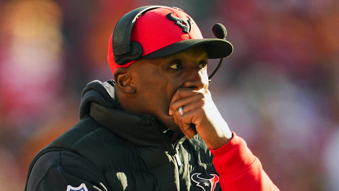 Houston Texans head coach DeMeco Ryans reacts after an injury to wide receiver Tank Dell (not pictured) during the second half against the Kansas City Chiefs at GEHA Field at Arrowhead Stadium.