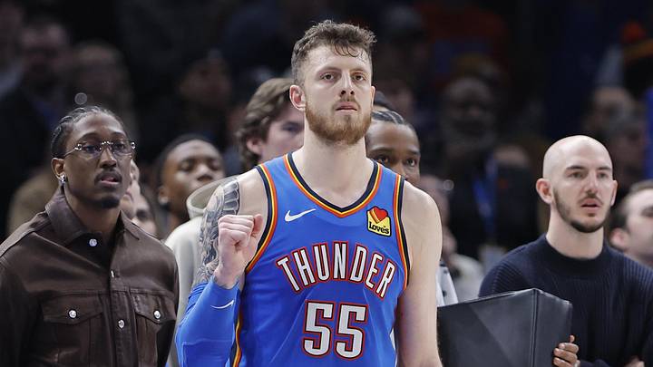 Feb 22, 2026; Oklahoma City, Oklahoma, USA; Oklahoma City Thunder center/forward Isaiah Hartenstein (55) reacts after watching his team in a defensive play against the Cleveland Cavaliers during the second half at Paycom Center. Mandatory Credit: Alonzo Adams-Imagn Images