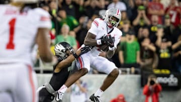 Ohio State Buckeyes wide receiver Jeremiah Smith hauls in a catch as the No. 3 Oregon Ducks host the No. 2 Ohio State Buckeyes Saturday, Oct. 12, 2024 at Autzen Stadium in Eugene, Ore.